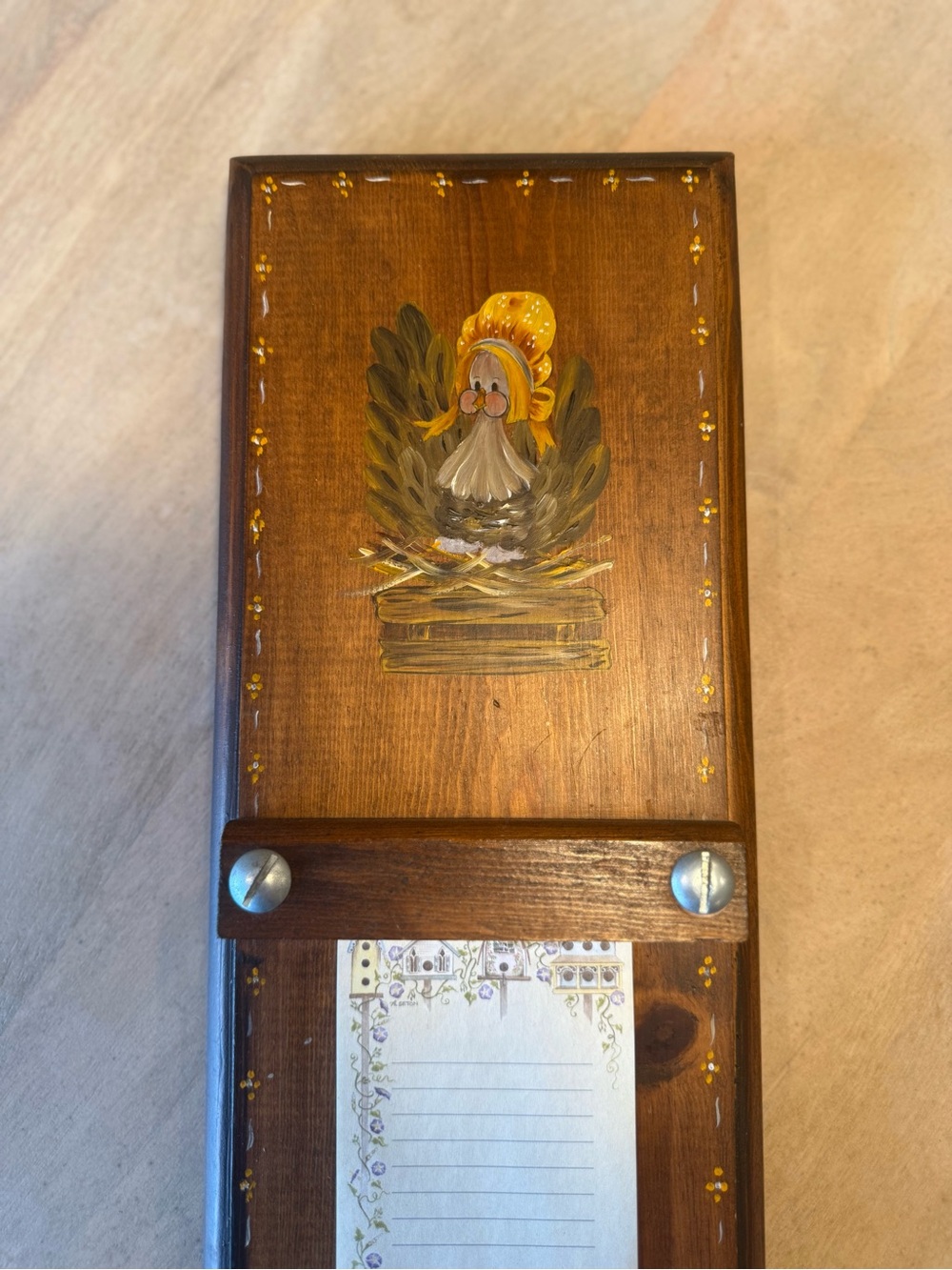 Vintage Hand-Painted Wooden Grocery Notepad Holder w/ CuteCountry Turkey Motif